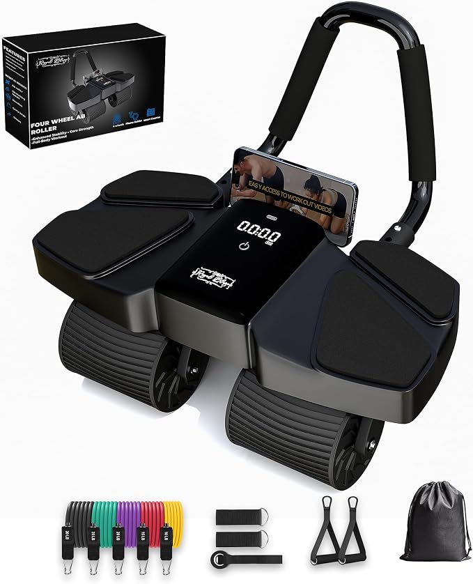 Ab Roller Home Gym Equipment – 4 Wheels Ab Wheel Muscle Roller with Built-in Tracker , 5Pcs Resistance Bands, Ankle Straps, Door Anchor, Handles, Travel Bag – Comfortable Elbow Support with Non-Slip Handles