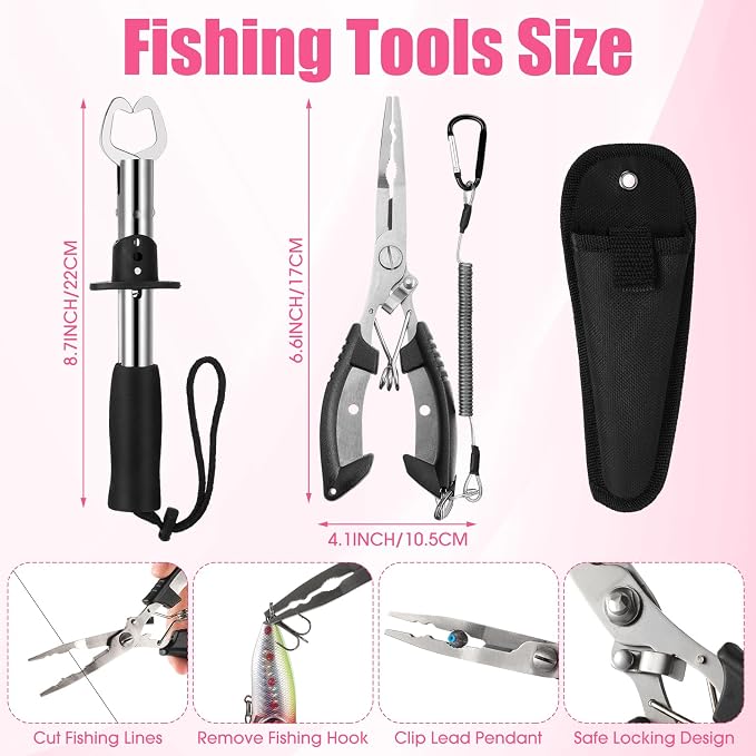 RoundFunny 3 Layers Fishing Tackle Box 414 Pcs Fishing Gift Lures Gear Kit with Tackle Included Pliers Lip Gripper Bait Hook Accessories for Beginner Fisherman Women Men, Fit Bass Trout