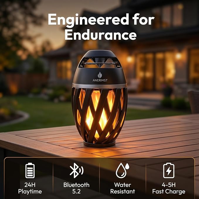 ANERIMST Unique Gifts for Men, Outdoor Bluetooth Speaker Waterproof Wireless with Torch LED Light, Birthday Gift for Boyfriend Him Dad, Cool for Garden, Patio, Outside (Black)