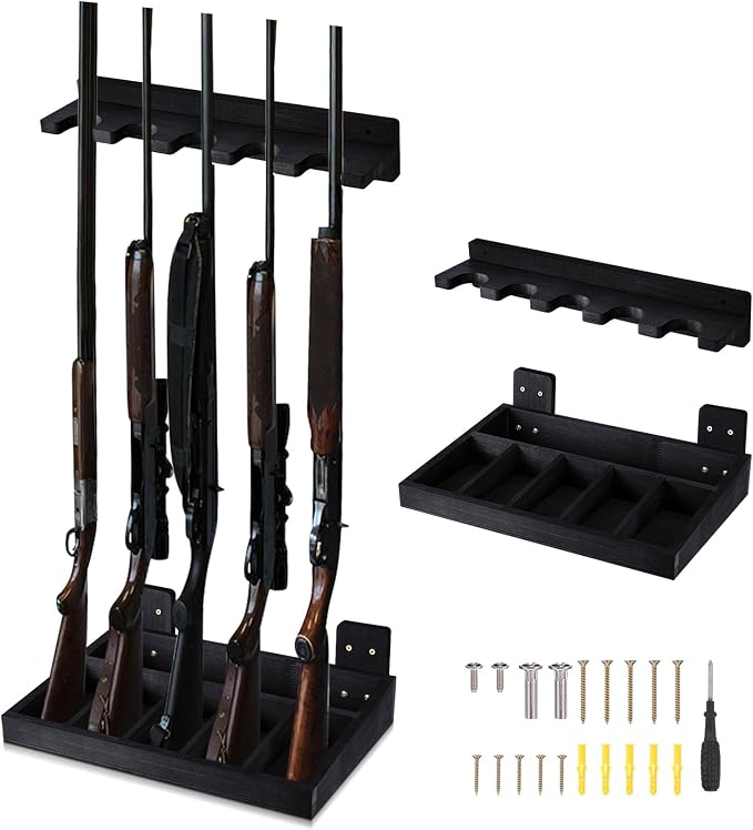 GlikCeil 1 Set Wooden Vertical Gun Rack Wall Mount Indoor Hold up to 5 Long Guns Shotguns Rifle Racks Display Holder Stand for Firearms Display Storage Home Accessories Office