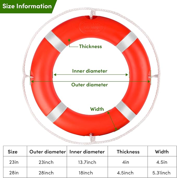 23"/28” Life Ring, Life Preserver Ring with 98.4FT Water Floating Lifesaving Rope,Boat Safety Throw Rings with Reflective Tape,(Orange) - 2 Size
