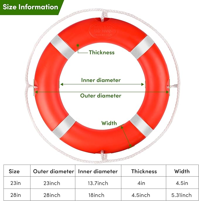 23"/28” Life Ring, Life Preserver Ring with 98.4FT Water Floating Lifesaving Rope,Boat Safety Throw Rings with Reflective Tape,(Orange) - 2 Size