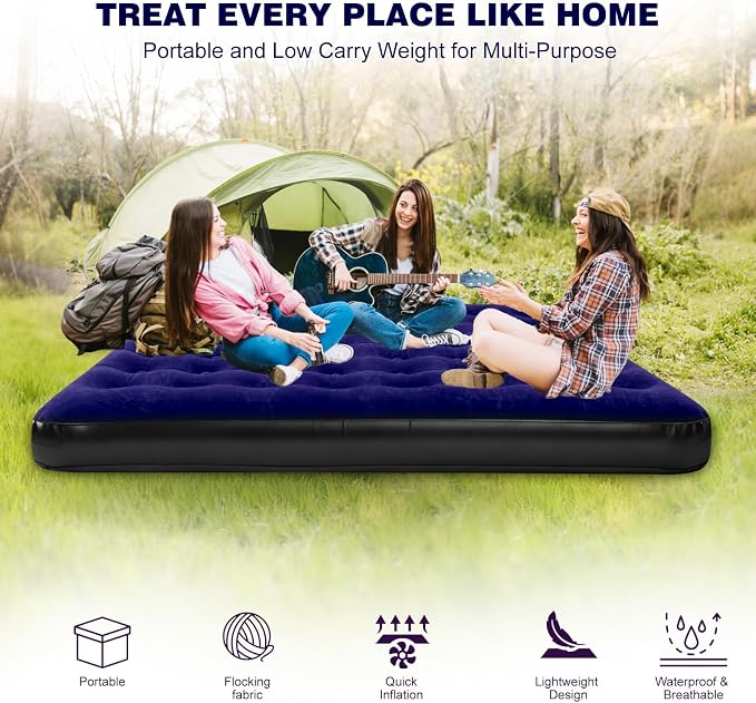 Onirii King Size Camping Air Mattress Bed with Air Pump | 80"x 72"Thickened Portable Blow Up Inflatable Air Mattress,Travel Sleeping Bed Pad for Camping Home Hiking
