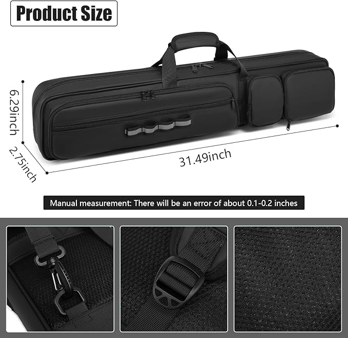 Pool Cue Case - 4x4 Padded Pool Cue Bag - Holds 4 Butts and 4 Shafts, Multiple Accessory Pockets