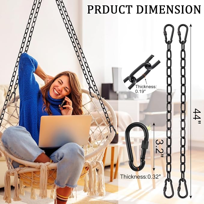 2 Pack 44in Hanging Swing Chain with 4 Carabiners, 660LB Capacity Hanging Kits Heavy Duty Hanging Chair Hardware for Hammock Swing Hanging Chair Punching Bags Sandbag Indoor Outdoor Yoga Gym (Black)