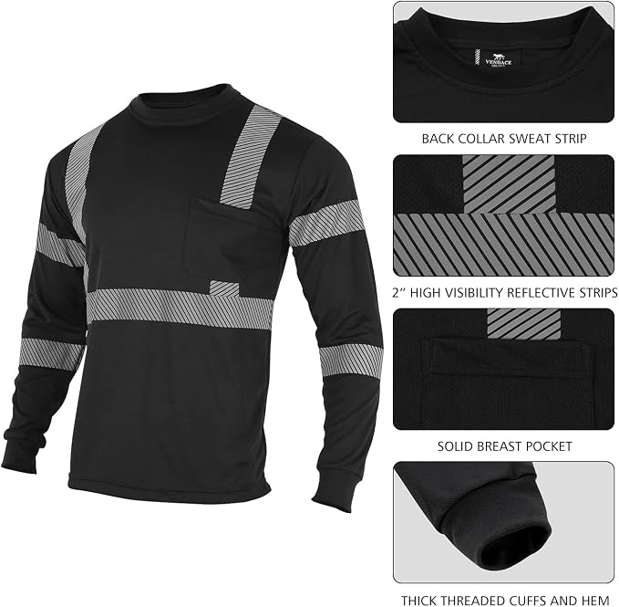 VENDACE 3 Pcs Safety T Shirts Reflective High Visibility Hi Vis Long Sleeve Construction Work Shirts for Men (Black,XL)