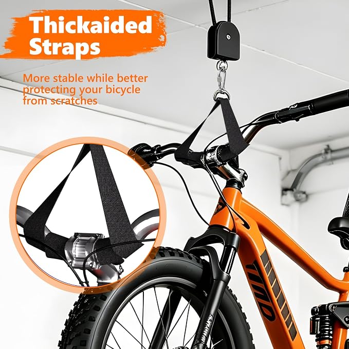 Bike Hoist,Ceiling Mount Bike Hanger,Heavy Duty Bike Hangers for Garage,Bike Pulley System for Garage,Holds Up to 100 lbs,Ceiling Bike Hanger for Ebike,Road Bike,Fat Tire,Snowboard(2 Pack)