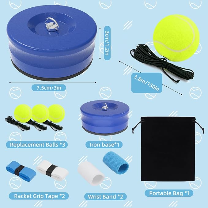 Tennis Trainer Set with 3 Rebound Balls, Tennis Training Equipment with Iron Base, Portable Tennis Training Tool, Tennis Rebounder Kit for Beginners Sport Exercise and Individual Training