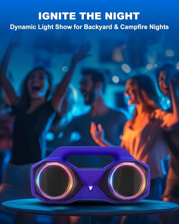 OZJ Bluetooth Speaker Outdoor Loud: 80W(Peak) with Bass, Portable Wireless Speaker with IPX7 Waterproof, 20H Playtime, RGB Lights, TWS for Outside, Beach, Work (Purple)