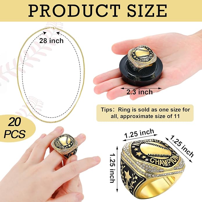 Highergo 20 Pcs Baseball Softball Basketball Football Champion Rings with Display Neck Chain and Stand Volleyball Soccer Cheer Trophy Rings Bulk for Tournament Award Gift