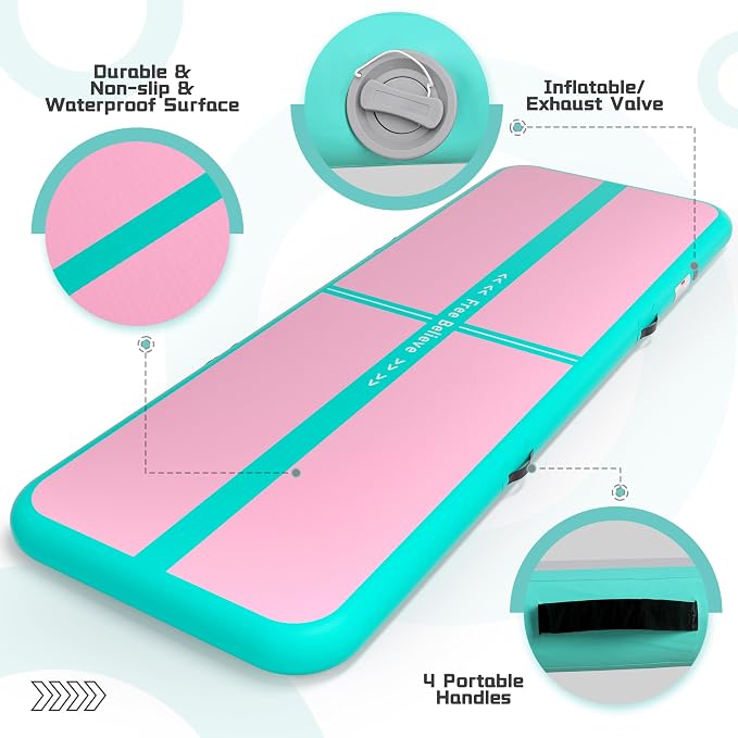 Pink Gymnastics Mat Inflatable Tumble Track Mats 10/13/16/20ft Training Mats for Home Air Mat for Kids with Pump 4”/6” Thick for Cheerleading/Yoga/Exercise/Parkour/Beach/Park/Water
