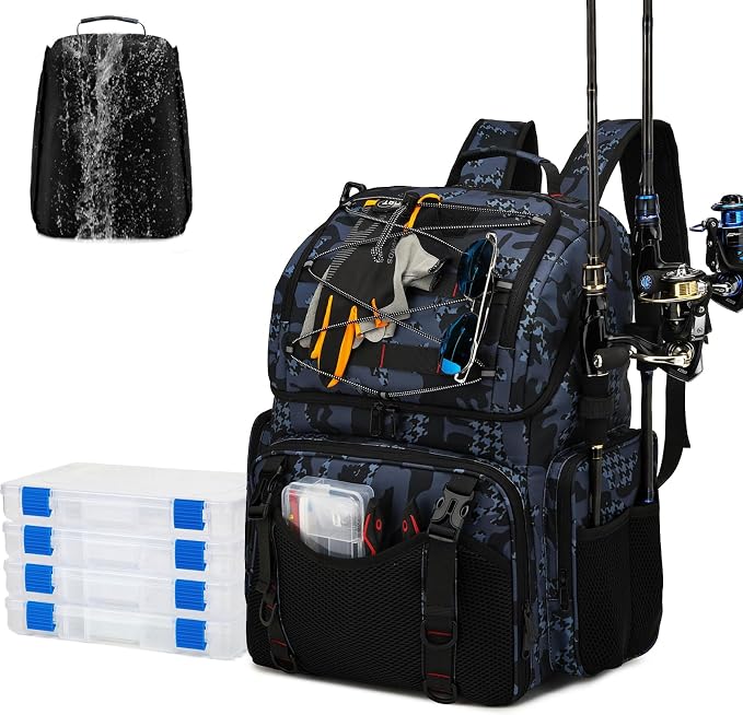 RUCYEN Fishing Backpack, 45L Large Cooler Fishing Tackle bag with Rod Holders & Rain Cover, Water-resistant Store Gear(With 4 Tackle Boxes)
