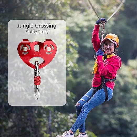 Pulley Zipline Trolley Kit with 25kN Carabiner Double Tandem Dual Pulley Speed Dual Trolley, Red with Carabiner