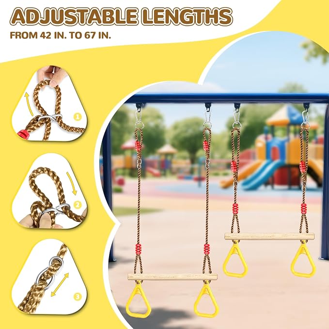 LadyRosian Wooden Trapeze Swing Bar, Adjustable Height Swing Set, Gym Rings, Playground Attachments, 16.5" Monkey Bar for Backyard, Playground, Playroom