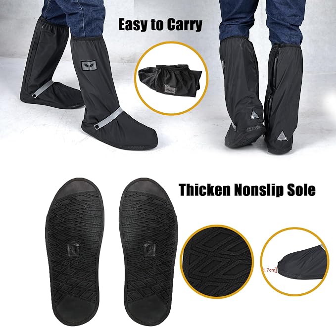 GARGOYLE BELLS Waterproof Rain Cover Boot Non-Slip Shoe Covers with Zipper and Reflector Heavy Duty Reusable Rain Boots for Men Women