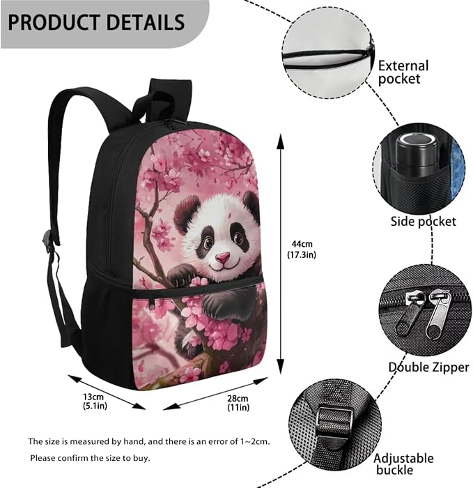 Cute Panda Backpack for Girls School Bag with Lunch Bag Pencil Case Water Bottle Holder Cherry Blossom Bookbag Casual Daypack Travel Bag Satchel Bagpack