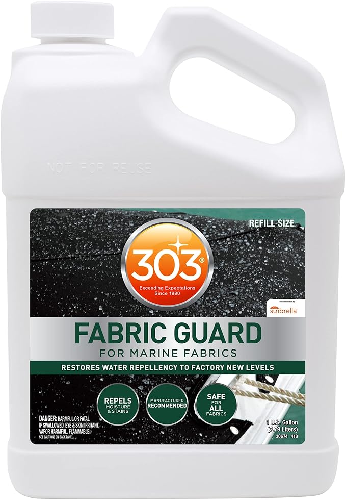 Restores water and stain resistance on boat covers, canvas, and marine fabrics.