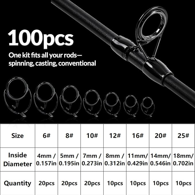 9KM DWLIFE Fishing Rod Repair Kit (50/100/120Pcs), Fishing Rod Guides with Zirconia Inserts, Spinning & Casting Rod Eyelets Replacement, Fishing Pole Repair Parts for Saltwater Freshwater