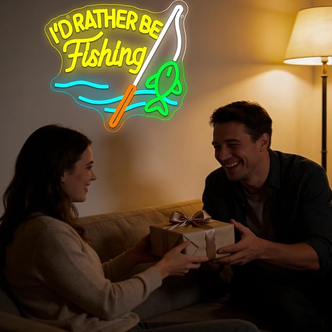 I'd Rather Be Fishing Neon Sign for Wall Decor Fishing Neon Light Man Cave | Dimmable Neon,Fisherman Birthday Fishing Gifts,Led 5V USB Powered,Fishbowl,Fish Room Decor,Business Shop Wall Art,13.3*12.2in