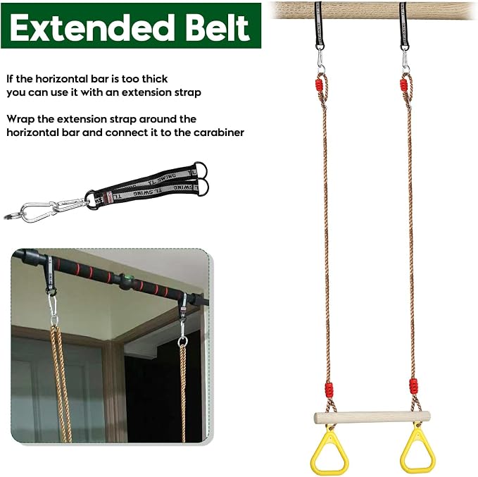 Trapeze Swing Bar with Rings, Wooden Trapeze Swing Bar with Plastic Gym Rings Adjustable Rope, Locking Straps, Outdoor Swing Set Playground Accessories for Kids (Yellow)