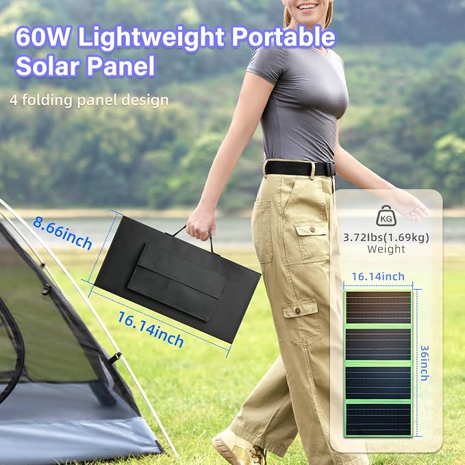 60W Portable Solar Panel Charger with USB-C, USB-A, DC Port, GOLUMU Outdoor IP67 Waterproof Foldable Solar Phone Charger for Camping Hiking Backpacking High Efficiency Cellphones Tablets Fast Charging