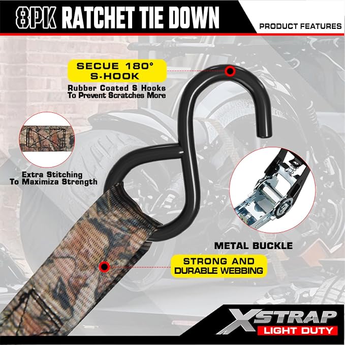 XSTRAP STANDARD 8-Pack Ratchet Tie Down Straps, 1" x 10ft, 900lb Break Strength Heavy Duty Straps for Motorcycles, ATVs, Lawn Equipment, Appliances & Truck Cargo - Camouflage