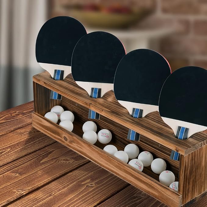 Ping Pong Paddle Storage Rack - Table Tennis Racket Display Wall Mounted Holder for 4 Paddles and Balls in Bar, Game Room, Office Break Room, Garage, Bedroom, Home - Rustic Burnt