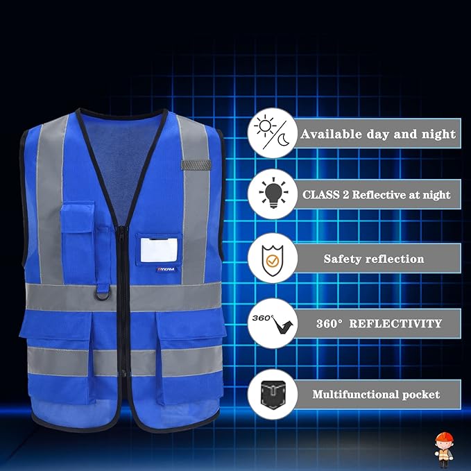 A-SAFETY Blue High Visibility Vests Reflective Work Vest,Hi Vis Bright Neon Color with 4 Reflective Strips 7 Pockets