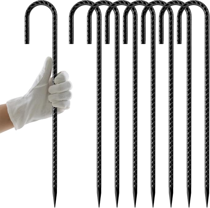 AAGUT Rebar Stakes 12 Inch 8 Pack, J Hook Premium Black Coated Ground Garden Anchors Heavy Duty, Superior Rust Resistance Chain Link Fence Stakes for Camping Tent, Inflatables, Lawn Decor