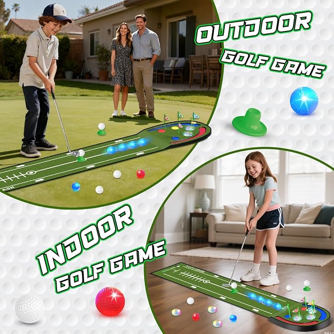 TERRAMUS Upgraded Golf Putting Mat for Kids, 7.8 Ft Putting Green with LED Light up Holes, Glowing Balls, 2 Clubs, Toy Golf Game Set, Golfing Mats Indoor Outdoor, Sport Golf Gift for Kids Teens Family