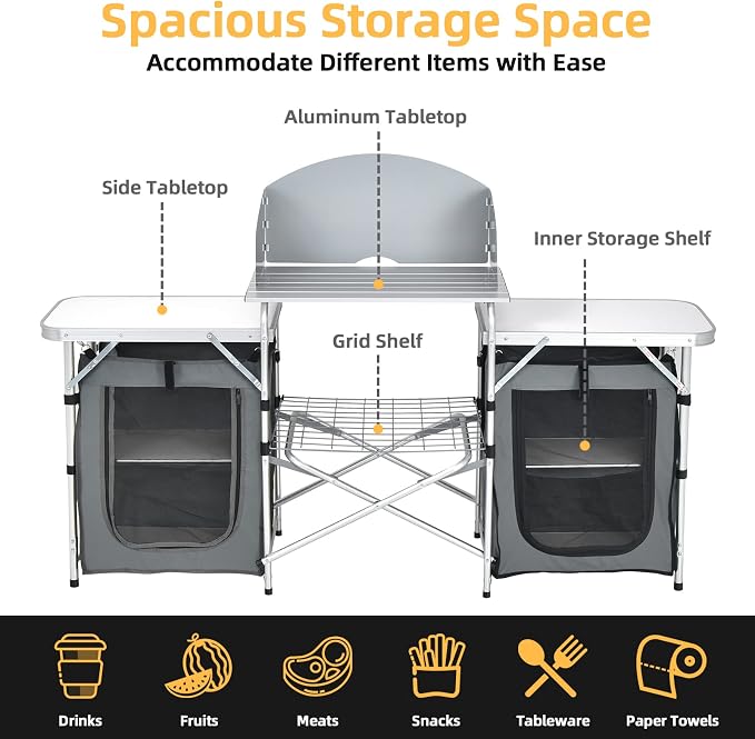 Giantex Camping Kitchen Station, Folding Grill Table with 26'' Tabletop, 2 Side Tables, Storage Organizer, Detachable Windscreen, Portable Camp Cook Outdoor Prep Station Backyard BBQ Picnic (Grey)