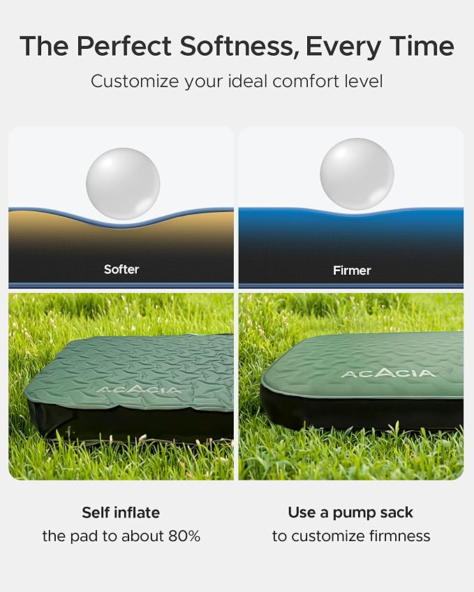 Acacia 4" Thick Self Inflating Sleeping Pad with Foam, Innovative Y-Shaped Telescopic Structure, Ultraportable Camping Air Mattress with Pump Sack, Easy Roll Up Sleep Bed for Travel Tent Car