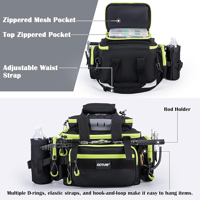 Goture Fishing Tackle Bag with 4 Tackle Boxes, Soft Side 600D Water-Resistant Cross Body Sling Fishing Bag with Rod Holder, Small Saltwater Gear Storage Tactical Bags, Gifts for Men/Women