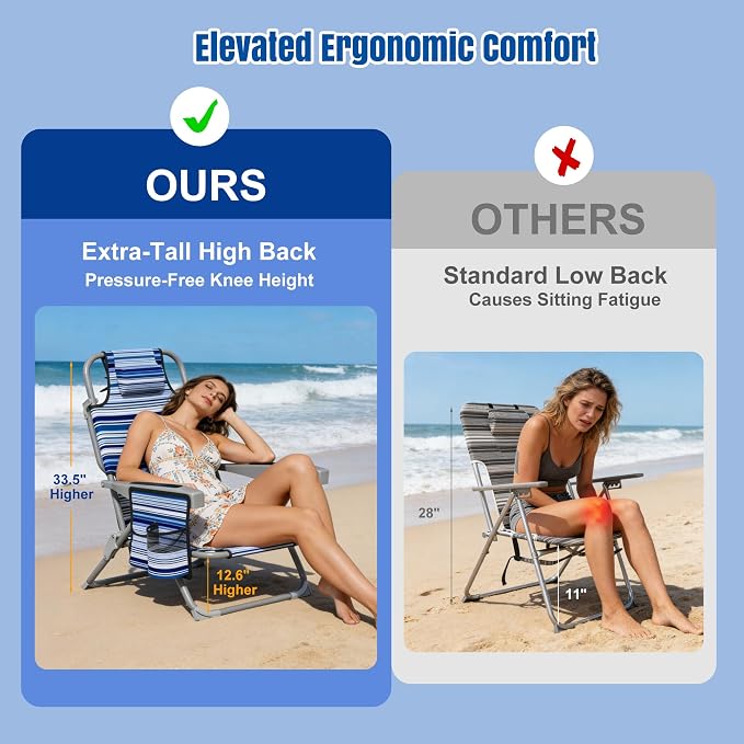 DIAMONDFORGE 2 Pack Lightweight Portable Beach Chair for Adults, 350 LBS Capacity Backpack Beach Chair, Reclining Beach Chair with 5-Position Lay Flat, Large Cup Holder for Beach Camping Sports, Blue