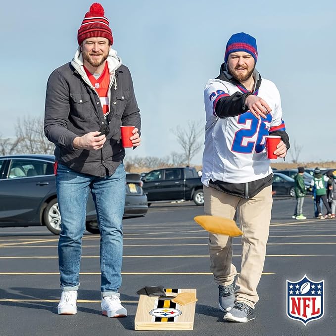 NFL Football Portable Size 1' x 2' Solid Wood Cornhole Set with Direct Print HD Team Graphics – Travel Size