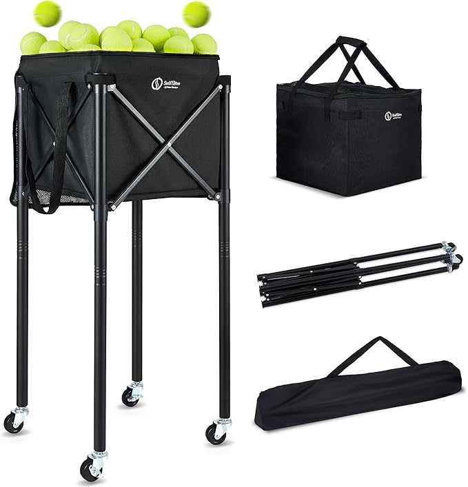 Portable Tennis Ball Hopper & Pickleball Basket, Foldable Tennis Ball Cart with Storage Bag, Multi-Sport Ball Collector for Training & Practice
