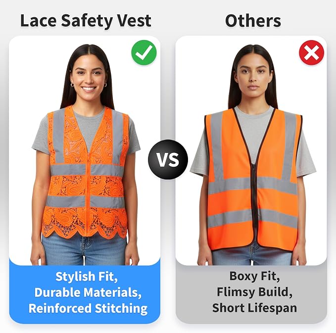 Lace-Mesh Safety Vest for Women & Men - Breathable, High Visibility Vest with Zipper & ANSI Class 2 Reflective Strips