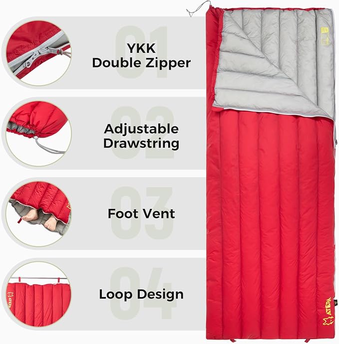 ATEPA Down Sleeping Bag, 650FP Ultralight 55°F 60°F 3 Season Warm Weather 15D Nylon Shell and Compact Packable Sleeping Bag for Adults with Compression Sack for Camping Backpacking Hiking