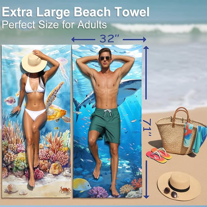 2 Pcs Microfiber Beach Towel Sand Free Quick Dry Oversized Lightweight Absorbent Sea Turtle Marine Life Design Pool Towels for Travel Swimming Yoga 71 x 32 Inches