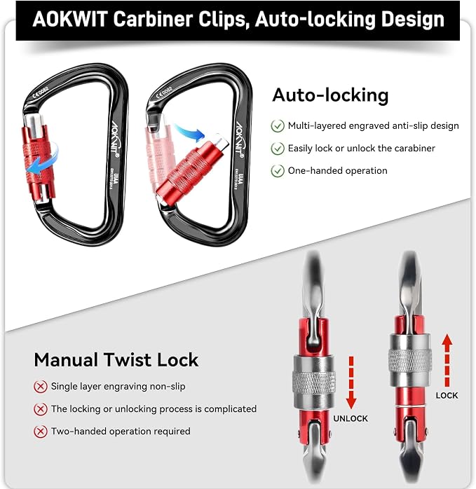 30KN Auto Locking Carabiner Clip Twist Lock UIAA Certified Large Climbing Carabiner Heavy Duty Carabiner for Rock Tree Climbing Rappelling Mountaineering Caving Rescue Arborist Aerial Yoga