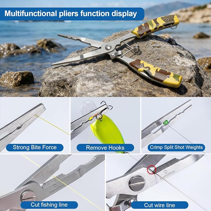 Fishing Pliers Kit 3 in 1 Fishing Tools Set with Long Nose Fishing Pliers Teflon Coated Needle Nose Pliers and Fishing Scissors Stainless Steel Fishing Tools for Saltwater Freshwater