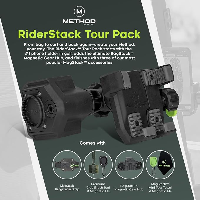 Method Golf RiderStack Tour Pack – Magnetic Golf Cart Phone Holder & Gear Hub with Magnetic Rangefinder Strap, Towel, Club Brush – Premium Accessories, Fits EZGO, Club Car & Yamaha