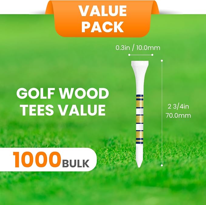Golf Tees Wood 3 1/4 2 3/4 Inch Value 500/1000 Pack with Bright Colors & Consistent Height, High Visibility with Gold Stripes for Course Practice
