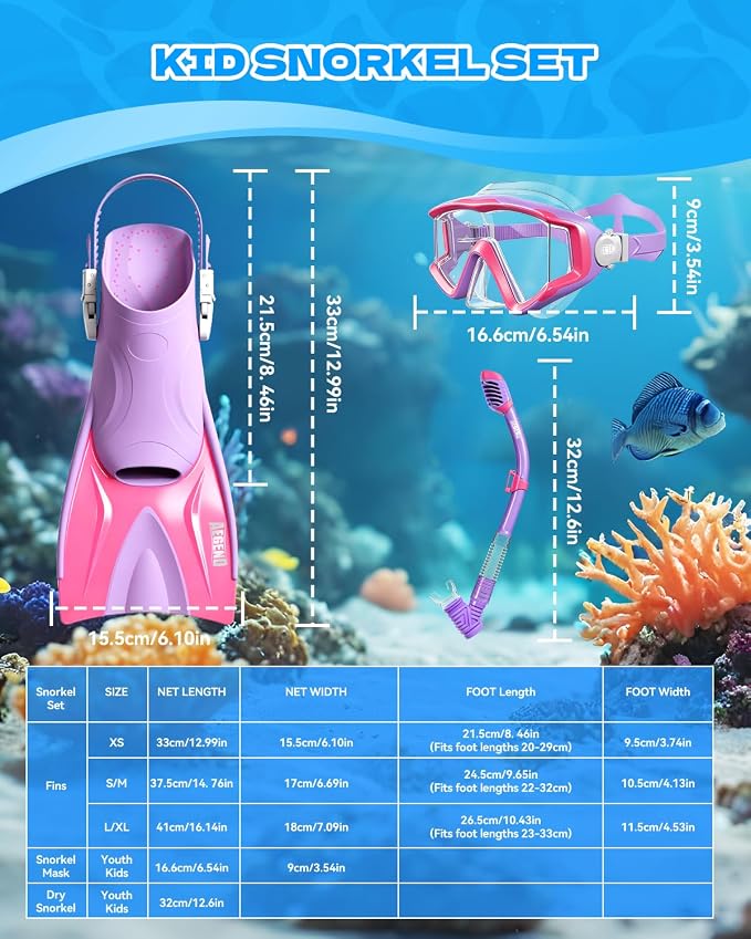 Aegend Snorkeling Gear for Kids Youth – 4-in-1 Snorkel Set with Anti-Fog Mask, Dry Snorkel & Adjustable Fins for Swimming, Diving, Snorkeling, Beach Vacation – Includes Travel Mesh Bag