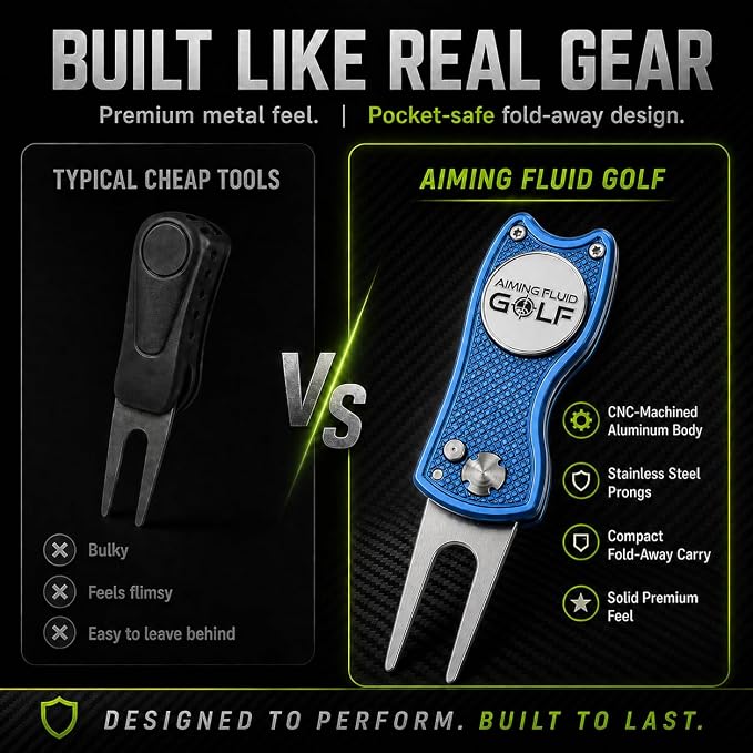 Golf Divot Repair Tool — 5-in-1 Golfing Ball Marker, Pitch Mark Repair, Putting Alignment, Club Tee, and Groove Cleaner, Accessory Metal Switchblade Design - Ideal Gift for Golfers