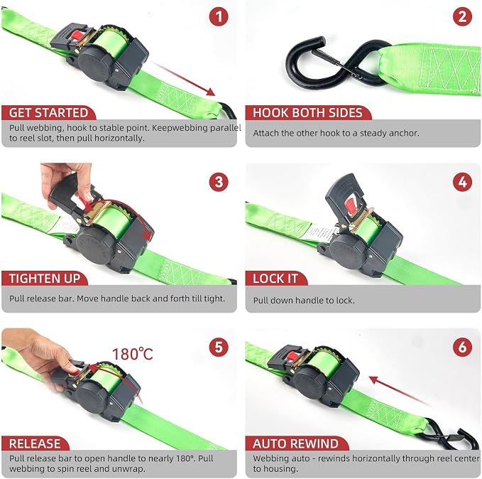 Retractable Ratchet Tie-Down Straps 1" x 10ft, 1800 lbs, Heavy Duty Tie Down Straps for Bikes Kayaks, Green, 2 Pack, Green