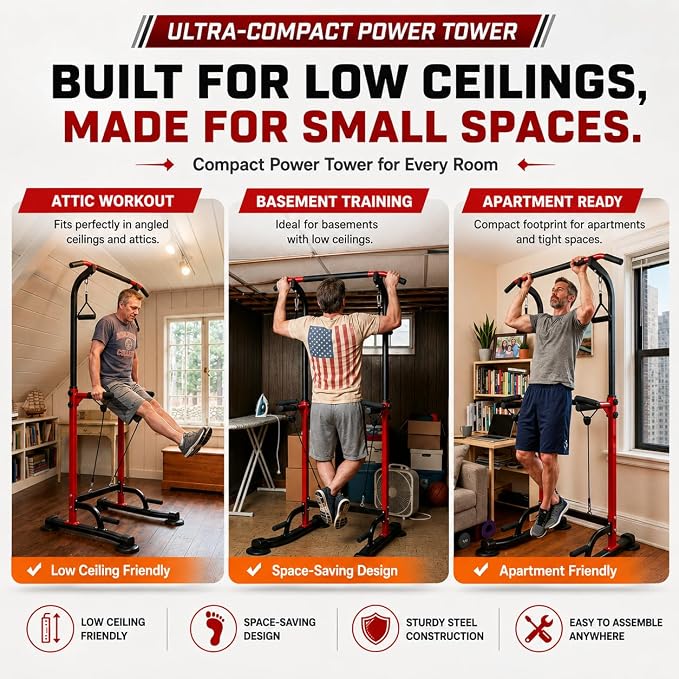 Power Tower Pull Up Bar,Pull-Up Rack Dip Station,Height Adjustable Multi-functional Home Strength Training Gym Equipment, Save Space,People Below 6 feet