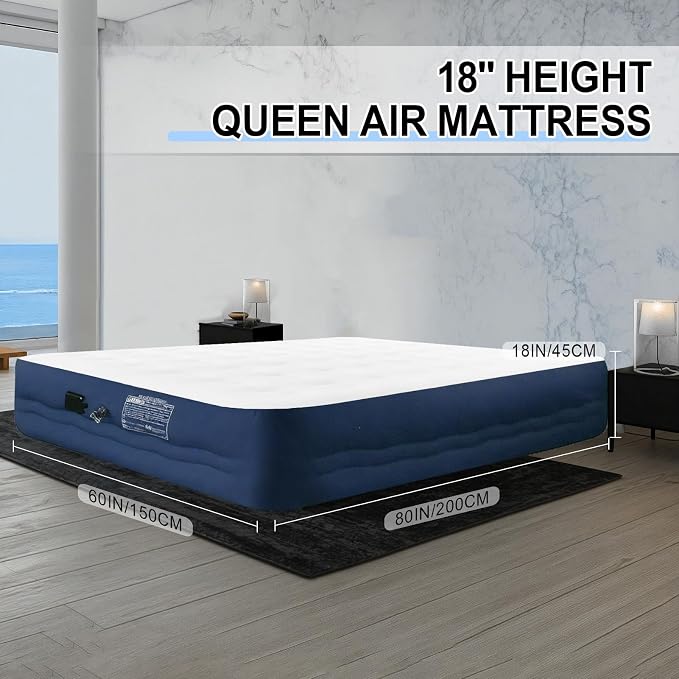 Queen Air Mattress with Built-in Rechargeable Pump, 18" Raised Inflatable Bed for Camping & Guest, 3-Min Fast Inflation, Velvet Top, Thickened Durable Waterproof Fabric(Blue)
