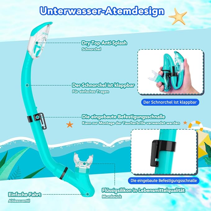 Snorkeling Gear for Kids with Foldable Silicone Full Dry Snorkel, Kids Snorkel Set Anti Leak Youth Junior Snorkeling Package Diving Mask Soft Tube with Mesh Bag Scuba Swimming Goggles