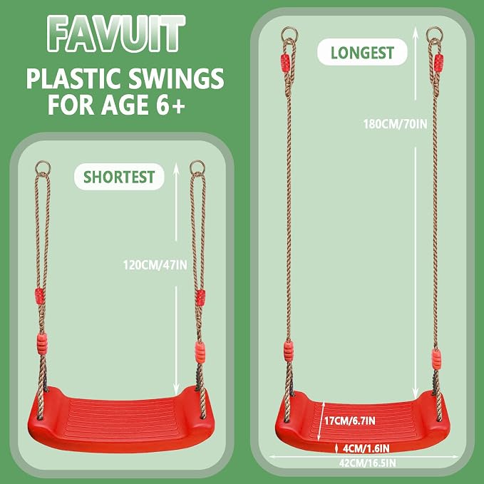 Plastic Swing Seat, Heavy Duty Tree Swing Set Non Slip Playground Swing Set Accessories Replacement with Adjustable Rope for Kids Outdoor Play Playground Backyard (Red)
